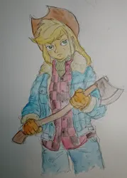 Size: 1463x2048 | Tagged: safe, artist:daisymane, derpibooru import, applejack, human, equestria girls, axe, clothes, denim, gloves, image, jacket, jeans, jpeg, looking at you, pants, plaid shirt, shirt, solo, traditional art, weapon