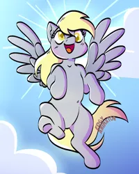Size: 2000x2500 | Tagged: safe, artist:edgyanimator, derpibooru import, derpy hooves, pegasus, pony, belly, big smile, blonde, blonde hair, blue background, blushing, cel shading, cloud, derp, flying, gray coat, happy, hooves, image, light, lineart, open mouth, open smile, png, raised hoof, raised hooves, shading, shine, simple, simple background, sky, smiling, solo, spread wings, tail, wings, yellow eyes