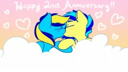 Size: 1920x1080 | Tagged: safe, artist:koapony, derpibooru import, oc, oc:general mumble, oc:koa, unofficial characters only, pegasus, pony, blushing, cloud, cuddling, image, jpeg, kissing