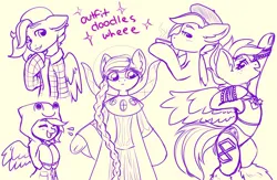 Size: 1654x1080 | Tagged: safe, artist:koapony, derpibooru import, oc, oc:koa, unofficial characters only, pegasus, pony, beret, blushing, braid, clothes, costume, dress, flannel shirt, frog costume, hat, hoodie, image, jpeg, lidded eyes, looking at you, sketch, smiling, solo, spread wings, wings
