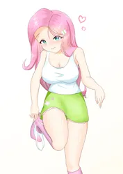 Size: 849x1200 | Tagged: suggestive, artist:lyc69371799, derpibooru import, fluttershy, human, breasts, clothes, humanized, image, jpeg, panties, panties pulled down, simple background, skirt, socks, underwear, white background