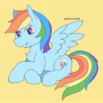 Size: 1637x1637 | Tagged: safe, artist:makaroni923, derpibooru import, rainbow dash, pegasus, pony, female, image, jpeg, mare, orange background, simple background, solo