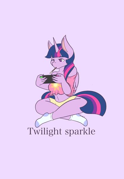 Size: 1423x2048 | Tagged: safe, artist:mscolorsplash, derpibooru import, twilight sparkle, twilight sparkle (alicorn), alicorn, anthro, plantigrade anthro, pony, belly button, breasts, busty twilight sparkle, clothes, crossed legs, female, food, image, mare, midriff, mouth hold, nintendo switch, off shoulder, png, pocky, purple background, short shirt, shorts, simple background, sitting, socks, solo