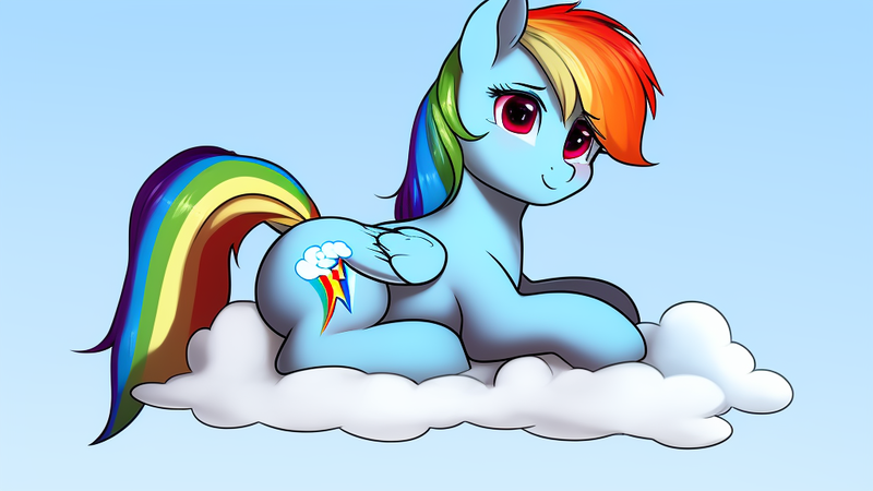 Size: 1024x576 | Tagged: safe, derpibooru import, machine learning assisted, machine learning generated, rainbow dash, pegasus, pony, cloud, cloudy, cute, female, image, lying down, mare, on a cloud, png, prone, simple background, solo