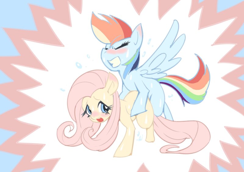 Size: 2048x1443 | Tagged: suggestive, artist:kasukiwa966, derpibooru import, fluttershy, rainbow dash, pegasus, pony, blushing, female, humping, image, jpeg, lesbian, sex