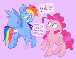 Size: 2048x1577 | Tagged: safe, artist:swirlseypop, derpibooru import, edit, pinkie pie, rainbow dash, earth pony, pegasus, pony, censored, censored dialogue, censored vulgarity, chest fluff, duo, female, floppy ears, flying, grawlixes, grin, image, mare, png, redraw, smiling, what the heck rainbow dash don't swear