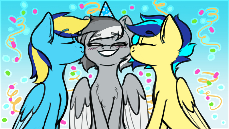 Size: 1920x1080 | Tagged: safe, artist:koapony, derpibooru import, oc, oc:general mumble, oc:koa, unofficial characters only, pegasus, pony, birthday, blushing, chest fluff, colored wings, colored wingtips, confetti, eyebrows, eyebrows visible through hair, grin, happy, hat, image, jpeg, kiss on the cheek, kissing, party hat, smiling, two toned wings, wings