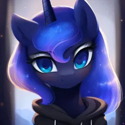 Size: 2048x2048 | Tagged: safe, derpibooru import, editor:be.yovrsxlf_, machine learning assisted, machine learning generated, purplesmart.ai, stable diffusion, princess luna, alicorn, pony, bust, clothes, eyebrows, eyeshadow, female, hoodie, image, looking at you, makeup, mare, png, portrait, smiling, smiling at you, solo, sparkling mane