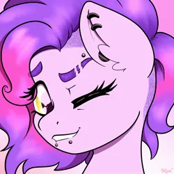 Size: 2500x2500 | Tagged: safe, alternate version, artist:koapony, derpibooru import, oc, unofficial characters only, pony, bust, ear fluff, ear piercing, earring, eye clipping through hair, eyebrow piercing, eyebrows, eyebrows visible through hair, image, jewelry, jpeg, lip piercing, looking at you, one eye closed, piercing, portrait, smiling, solo, wink, winking at you