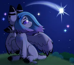 Size: 2000x1750 | Tagged: safe, artist:koapony, derpibooru import, oc, oc:nebula, unofficial characters only, pegasus, pony, coat markings, dappled, freckles, grass, image, jpeg, looking back, multiple ears, night, shooting star, sitting, smiling, spread wings, stars, winged hooves, wings