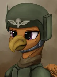 Size: 1872x2520 | Tagged: safe, artist:aquamuro, derpibooru import, oc, unofficial characters only, gryphon, equestria at war mod, armor, bust, clothes, griffon oc, helmet, image, male, military, military uniform, png, portrait, scar, solo, uniform, warhammer (game), warhammer 40k