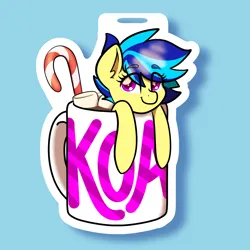 Size: 1600x1600 | Tagged: safe, artist:koapony, derpibooru import, oc, oc:koa, unofficial characters only, pony, candy, candy cane, chocolate, cup, cup of pony, eye clipping through hair, eyebrows, eyebrows visible through hair, food, hot chocolate, image, jpeg, looking at you, marshmallow, micro, smiling, solo