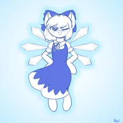 Size: 1500x1500 | Tagged: safe, artist:koapony, derpibooru import, ponified, pony, semi-anthro, blushing, cirno, clothes, dress, hooves on hips, image, jpeg, looking at you, one eye closed, solo, touhou, unamused