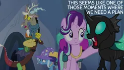 Size: 2000x1125 | Tagged: safe, derpibooru import, edit, edited screencap, editor:quoterific, screencap, discord, starlight glimmer, thorax, trixie, to where and back again, backpack, bag, changeling hive, image, png, saddle bag