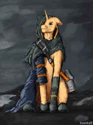 Size: 2000x2667 | Tagged: safe, artist:vsevkad, derpibooru import, oc, pony, unicorn, boots, clothes, death stranding, image, jpeg, male, shoes, sitting, solo