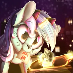 Size: 1055x1056 | Tagged: safe, alternate version, artist:to_fat_to_fly, derpibooru import, lyra heartstrings, pony, unicorn, animal costume, bag, cat costume, cat ears, clothes, costume, face paint, female, get in the bag, gun, halloween, hand, handgun, head tilt, holiday, horn, image, looking at you, magic, magic hands, mare, mouth hold, night, nightmare night, note, png, solo, telekinesis, weapon