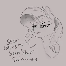 Size: 1500x1500 | Tagged: safe, artist:to_fat_to_fly, derpibooru import, sunset shimmer, unicorn, dialogue, image, png, swearing, unamused, vulgar