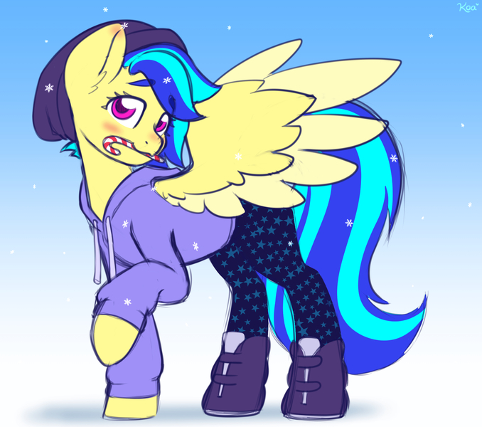 Size: 1806x1598 | Tagged: safe, artist:koapony, derpibooru import, oc, oc:koa, unofficial characters only, pegasus, pony, beanie, blushing, boots, candy, candy cane, clothes, eyebrows, eyebrows visible through hair, food, hat, hoodie, image, jpeg, looking at you, mouth hold, pants, raised eyebrows, shoes, snow, solo, spread wings, wings