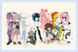 Size: 2048x1388 | Tagged: safe, artist:moonydropps, derpibooru import, oc, unofficial characters only, equestria girls, bow, bunny ears, clothes, ears, ears up, floppy ears, flower, flower in hair, hair bow, hoodie, image, jpeg, skirt, smiling, socks, stars