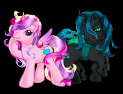 Size: 3519x2698 | Tagged: safe, artist:peachmichea, derpibooru import, princess cadance, queen chrysalis, alicorn, changeling, pony, black background, duo, duo female, female, g3, g4, g4 to g3, generation leap, image, jpeg, simple background, style emulation
