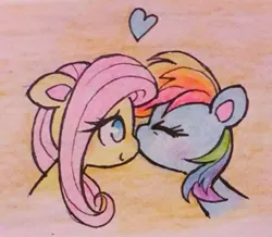 Size: 1280x1115 | Tagged: safe, artist:flutterberrypie, derpibooru import, fluttershy, rainbow dash, cute, daaaaaaaaaaaw, eyes closed, female, flutterdash, heart, image, jpeg, kissing, lesbian, love, nose kiss, pencil drawing, shipping, smiling, traditional art