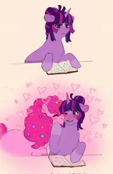 Size: 1328x2048 | Tagged: safe, artist:lilfairyartistt, derpibooru import, pinkie pie, twilight sparkle, earth pony, unicorn, book, couple, duo, duo female, female, heart, image, jpeg, lesbian, nuzzling, reading, romantic, shipping, twinkie