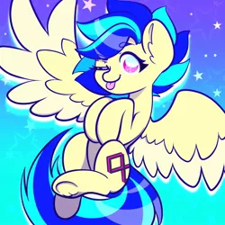 Size: 1500x1500 | Tagged: safe, artist:koapony, derpibooru import, oc, oc:koa, unofficial characters only, pegasus, pony, colored wings, colored wingtips, eyebrows, eyebrows visible through hair, image, jpeg, looking at you, one eye closed, raspberry, smiling, solo, spread wings, stars, tongue out, two toned wings, underhoof, wings, wink, winking at you