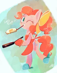 Size: 837x1063 | Tagged: safe, artist:sibashen, derpibooru import, pinkie pie, earth pony, pony, apron, bow, clothes, female, fried egg, hair bow, image, jpeg, mare, one eye closed, slippers, solo, wink