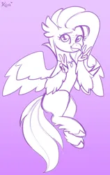 Size: 1123x1779 | Tagged: safe, artist:koapony, derpibooru import, oc, unofficial characters only, hippogriff, flying, freckles, gradient background, image, jpeg, looking at you, peace sign, sketch, smiling, solo, spread wings, victory sign, wings