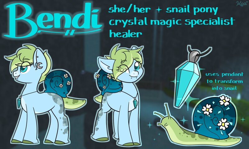 Size: 2500x1500 | Tagged: safe, artist:koapony, derpibooru import, oc, oc:bendi, unofficial characters only, monster pony, original species, pony, snail, snail pony, ear piercing, earring, eye clipping through hair, eyebrows, eyebrows visible through hair, flower, image, jewelry, jpeg, lip piercing, looking at you, necklace, pendant, piercing, reference sheet, smiling, solo, sparkles