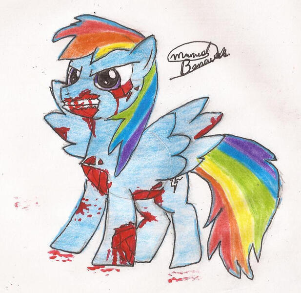 Size: 900x875 | Tagged: semi-grimdark, artist:mannybcadavera, derpibooru import, rainbow dash, pegasus, pony, undead, zombie, female, image, jpeg, mare, solo, traditional art