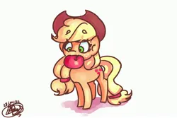 Size: 3600x2400 | Tagged: safe, artist:mannybcadavera, derpibooru import, applejack, earth pony, pony, apple, female, food, image, jpeg, mare, mouth hold, simple background, solo, white background