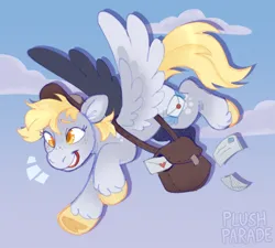 Size: 1000x900 | Tagged: safe, artist:plushparades, derpibooru import, derpy hooves, ditzy doo, pegasus, bag, blonde mane, blonde tail, cloud, colored hooves, flying, g4, hat, image, jpeg, mail, mailbag, mailmare, solo, spread wings, tail, unshorn fetlocks, wings, yellow eyes