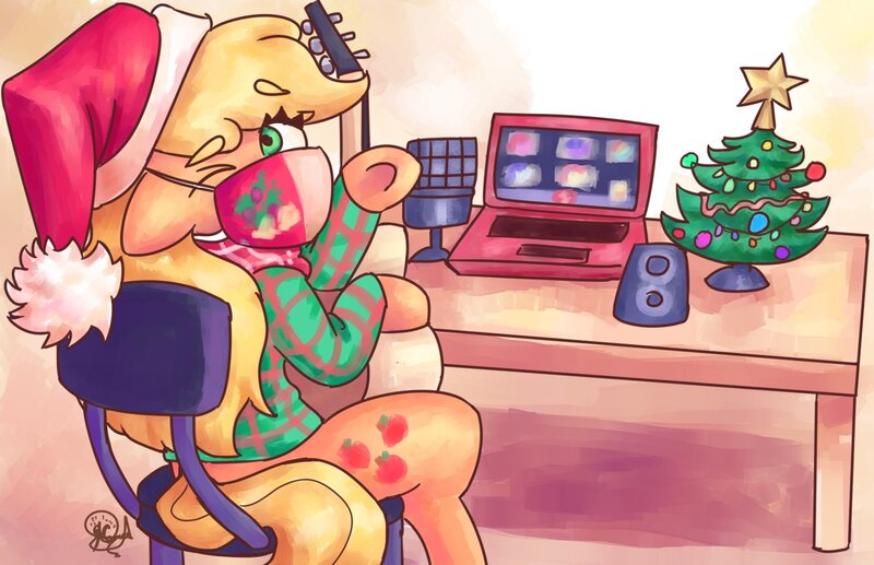 Size: 1412x912 | Tagged: safe, artist:mannybcadavera, derpibooru import, applejack, earth pony, pony, chair, christmas, christmas tree, computer, face mask, guitar, hat, holiday, image, jpeg, laptop computer, mask, musical instrument, one eye closed, santa hat, solo, tree, wink