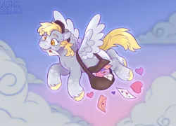 Size: 1500x1082 | Tagged: safe, artist:plushparades, derpibooru import, derpy hooves, ditzy doo, pegasus, pony, bag, blonde mane, blonde tail, cloud, colored hooves, female, flying, g4, hat, holiday, image, jpeg, mail, mailbag, mailmare, mare, solo, spread wings, tail, unshorn fetlocks, valentine's day, valentine's day card, wings, yellow eyes