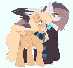 Size: 3200x3000 | Tagged: safe, artist:thieftea, derpibooru import, oc, oc:jeckie, oc:mirta whoowlms, pegasus, pony, clothes, colored wings, duo, duo female, female, image, multicolored hair, oc x oc, png, scarf, shipping, simple background, two toned wings, white background, wings
