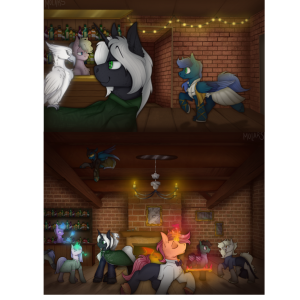 Size: 3000x3000 | Tagged: safe, artist:molars, derpibooru import, oc, unofficial characters only, earth pony, phoenix, pony, unicorn, bar, bartender, bottle, brick, brick wall, candle, canterlot, chandelier, clothes, detailed background, dress, drinking, fairy lights, female, fire, frame, gold, image, magic, male, mare, multiple characters, paintings, png, spy, stallion, suit, telekinesis, waiter, wood
