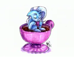 Size: 3224x2487 | Tagged: safe, artist:mannybcadavera, derpibooru import, trixie, pony, unicorn, cup, eyes closed, female, floppy ears, image, jpeg, mare, simple background, solo, teacup, that pony sure does love teacups, traditional art, white background