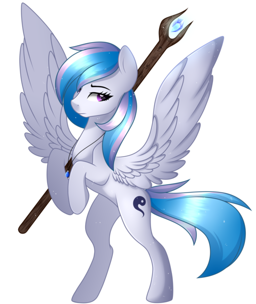 Size: 3200x3800 | Tagged: safe, artist:takan0, derpibooru import, oc, oc:starburn, unofficial characters only, pegasus, pony, bipedal, female, hoof hold, image, jewelry, looking at you, mare, necklace, png, rearing, simple background, solo, spread wings, staff, transparent background, wings