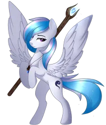 Size: 3200x3800 | Tagged: safe, artist:takan0, derpibooru import, oc, oc:starburn, unofficial characters only, pegasus, pony, bipedal, female, hoof hold, image, jewelry, looking at you, mare, necklace, png, rearing, simple background, solo, spread wings, staff, transparent background, wings
