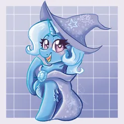 Size: 1000x1000 | Tagged: safe, artist:dankpegasista, derpibooru import, trixie, pony, unicorn, big eyes, big smile, blue fur, blue mane, blushing, brooch, cape, checkered background, chest fluff, chibi, clothes, cmyk, curly hair, cute, diatrixes, eyelashes, female, full body, gem, happy, hat, highlights, image, jewelry, krita, lineart, looking at you, no ears, passepartout, png, purple background, raised hoof, shading, signature, simple background, smiling, smiling at you, smol, solo, stars, trixie's cape, trixie's hat