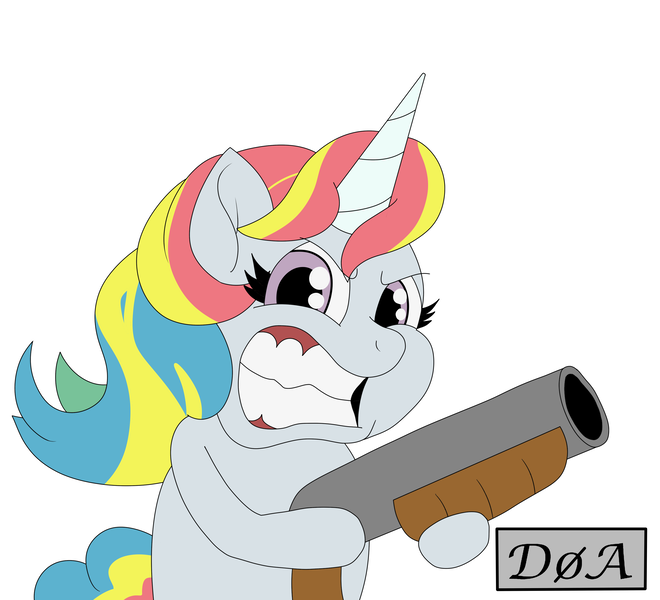 Size: 2893x2631 | Tagged: safe, artist:doaart, derpibooru import, unicorn, gun, image, multicolored hair, not rainbow dash, png, rainbow hair, shotgun, weapon