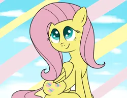 Size: 1019x784 | Tagged: safe, artist:ccortxx, derpibooru import, fluttershy, pegasus, pony, cloud, cute, image, jpeg, on a cloud, shyabetes, sitting, sitting on cloud, sky, smiling, solo