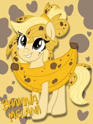 Size: 2768x3690 | Tagged: safe, artist:sjart117, derpibooru import, oc, oc:watermelana, unofficial characters only, pony, alternate color palette, alternate hairstyle, april fools, banana, banana costume, banana peel, banana suit, clothes, costume, female, food, food costume, freckles, fruit, heart, image, mare, png, silly, silly pony, smiling, solo