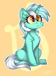 Size: 1196x1600 | Tagged: safe, artist:severe acrophobia, derpibooru import, lyra heartstrings, pony, unicorn, chest fluff, cutie mark background, ear fluff, image, jpeg, simple background, solo, yellow background