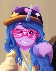Size: 1428x1818 | Tagged: safe, artist:maren, derpibooru import, izzy moonbow, pony, unicorn, clothes, g5, glasses, gritted teeth, hat, image, open mouth, open smile, png, rapper, selfie, smiling, teeth
