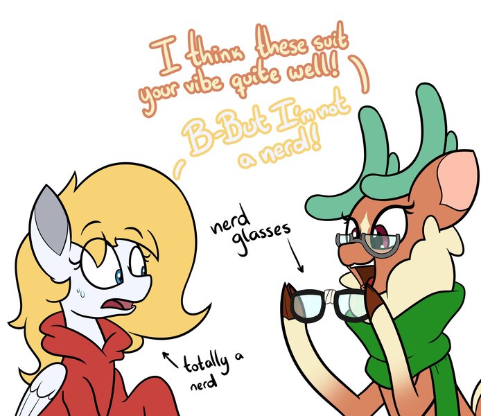 Size: 3000x2592 | Tagged: safe, artist:mrneo, derpibooru import, cashmere (tfh), oc, oc:fox, deer, reindeer, them's fightin' herds, antlers, clothes, cloven hooves, community related, eyebrows, female, glasses, high res, hoodie, image, jpeg, nerd, nerd pony, scarf, simple background, smiling, sweat, text, worried