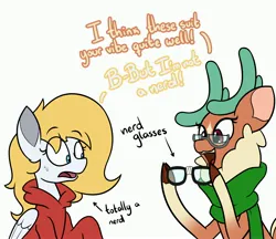 Size: 3000x2592 | Tagged: safe, artist:mrneo, derpibooru import, cashmere (tfh), oc, oc:fox, deer, reindeer, them's fightin' herds, antlers, clothes, cloven hooves, community related, eyebrows, female, glasses, high res, hoodie, image, jpeg, nerd, nerd pony, scarf, simple background, smiling, sweat, text, worried