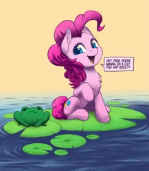 Size: 1967x2262 | Tagged: safe, artist:taytinabelle, color edit, derpibooru import, edit, editor:maonyman, pinkie pie, earth pony, frog, pony, :<, chest fluff, colored, derpibooru exclusive, dialogue, ear fluff, eye reflection, female, happy, image, lilypad, looking at you, mare, open mouth, png, raised hoof, reflection, smiling, solo, speech bubble, sunrise, water