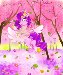 Size: 1725x2048 | Tagged: safe, artist:pearl a.g, derpibooru import, pipp petals, pegasus, pony, cherry blossoms, female, flower, flower blossom, flying, g5, image, jpeg, solo, spring, tree